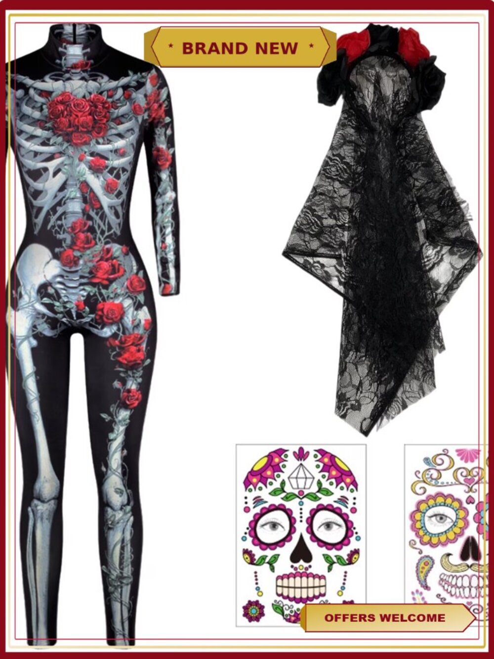 3D Print Skeleton Jumpsuit Halloween Costume Sexy Bodycon Bodysuit Adult Party